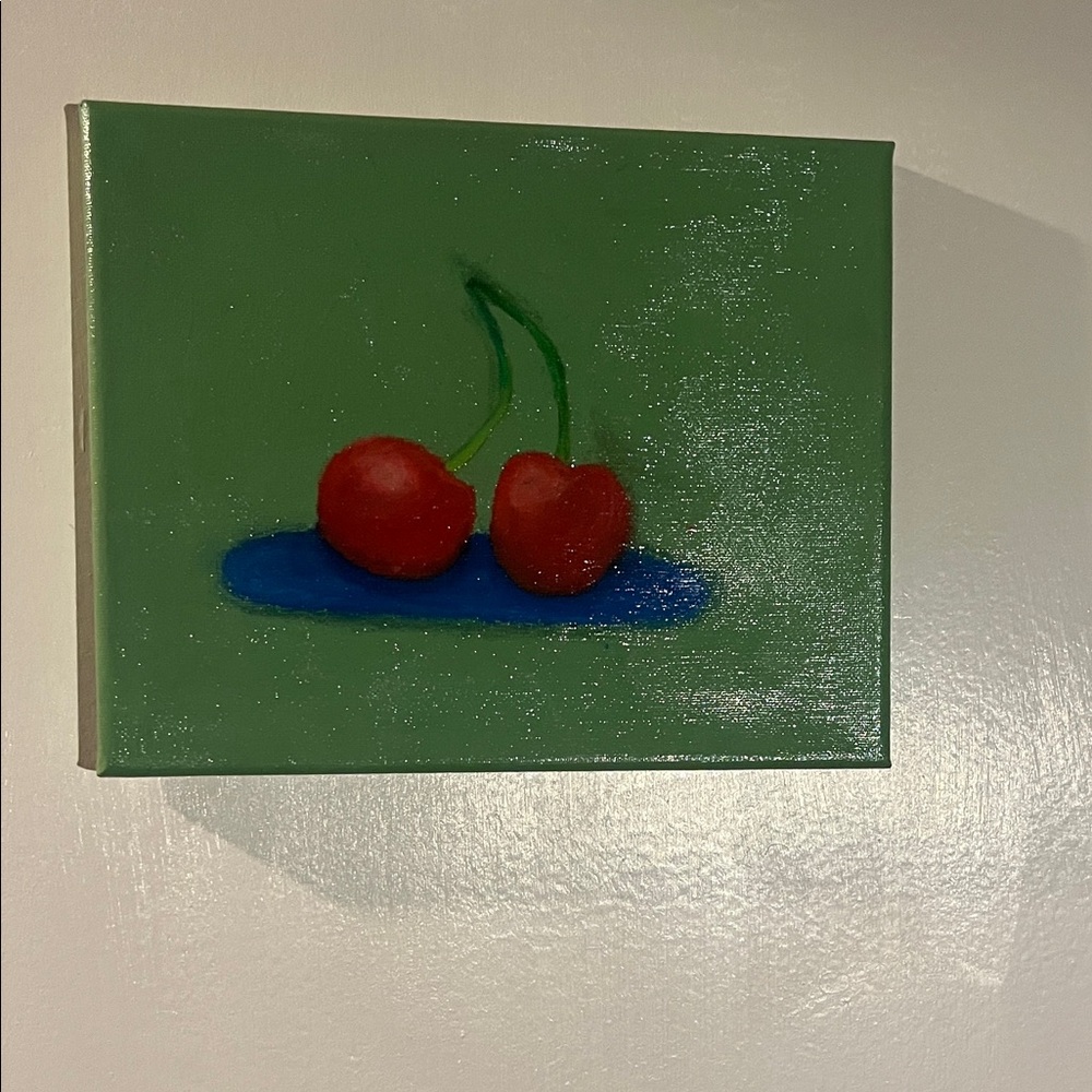 Cherry Painting on Green Canvas- Handmade